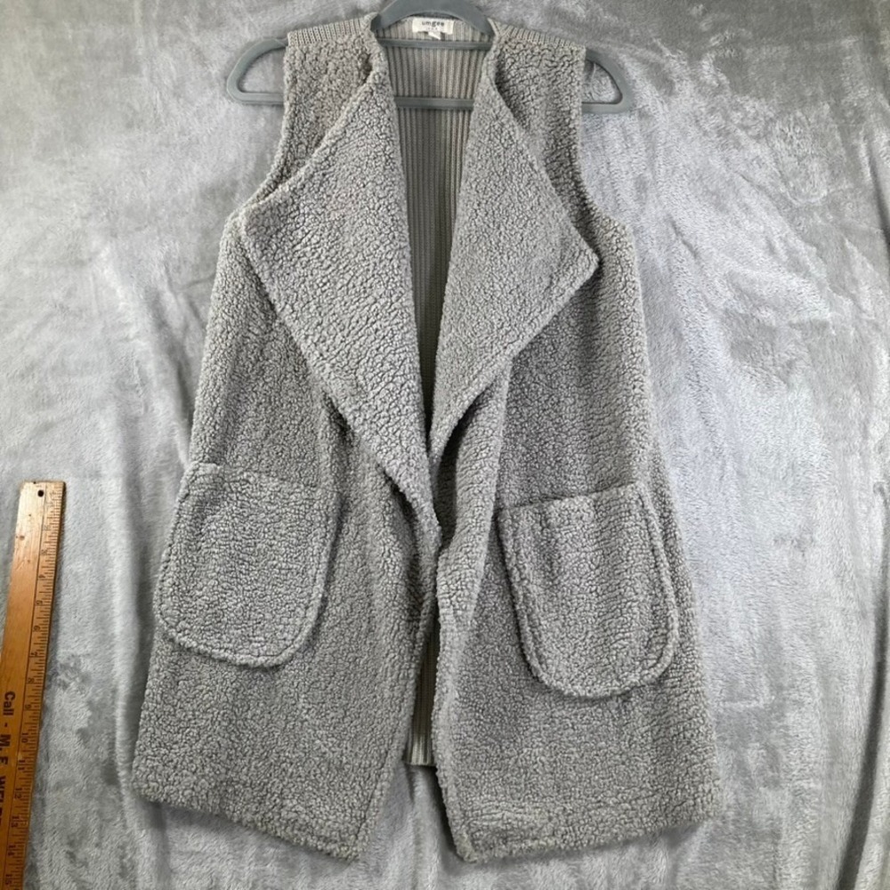 Umgee USA Gray Sherpa Teddy Fleece Open Front Longline Vest Ribbed Back Small